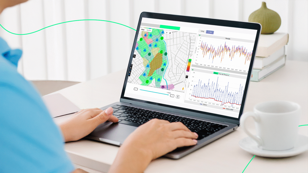 Tela exibindo módulo Ada da Stattus4 para saneamento com mapa de calor, gráficos de pressão e vazão mínima noturna e indicadores integrados para visão inteligente dos dados.