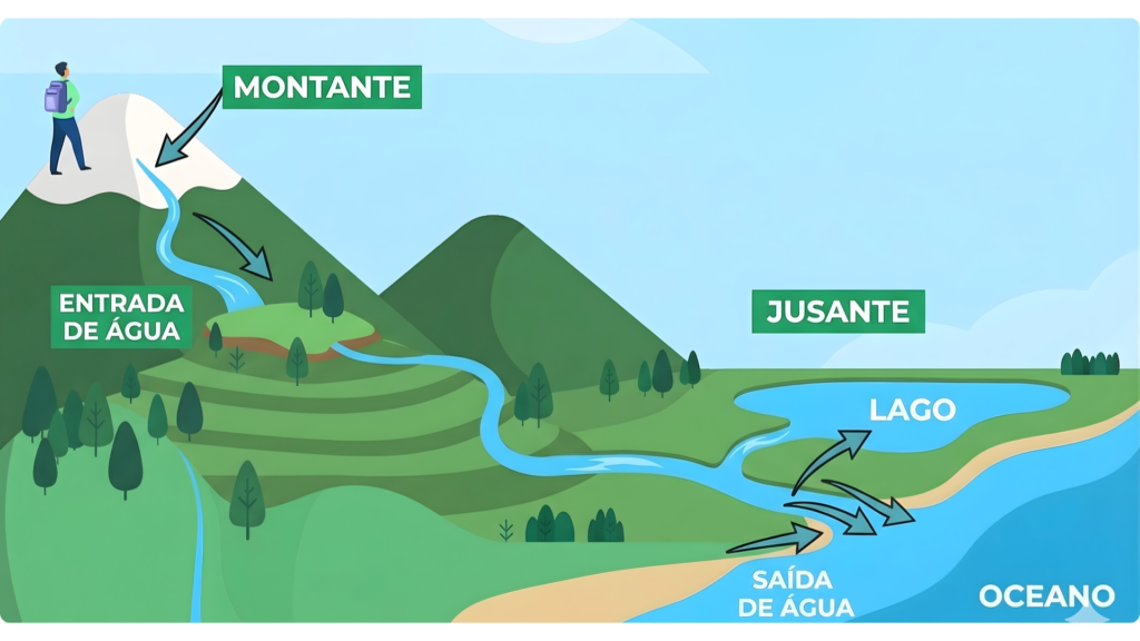 Imagem técnica que explica a diferença entre montante e jusante de forma intuitiva com entrada e saída da água. Essa imagem está no Glossário do Saneamento produzido pela Stattus4